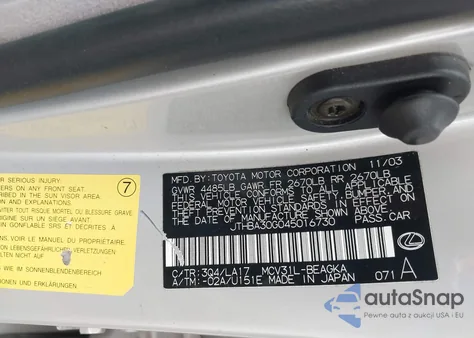 2004 Lexus Es 330 from USA, damaged, VIN JTHBA30G045016730